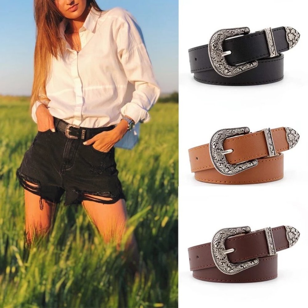 Western Belt Vintage Vegan Leather Camel Brown - Picture 3 of 8